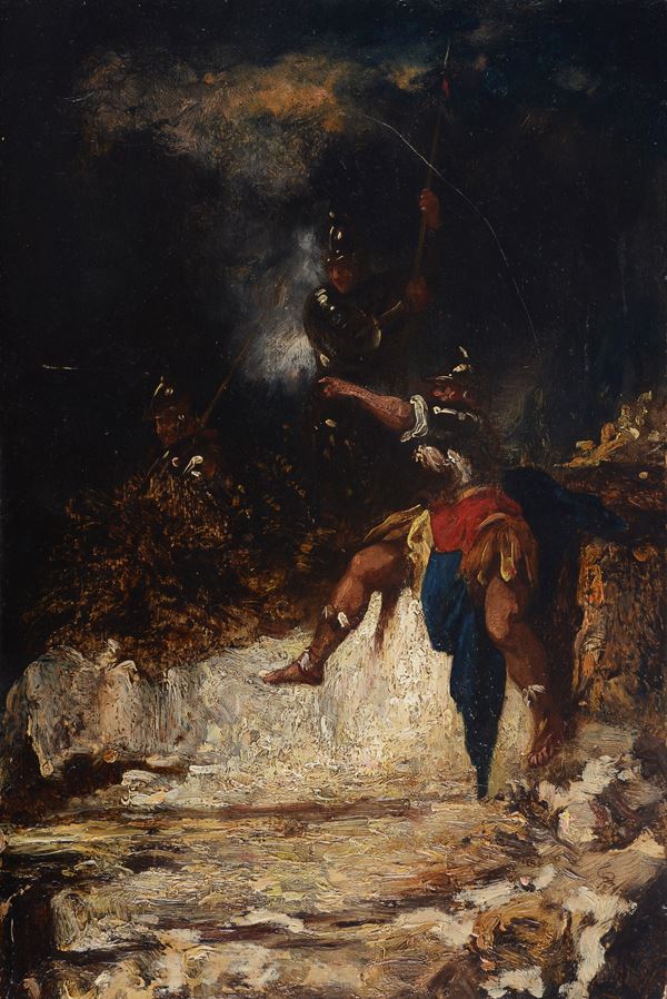 Anonimo, XVII - XVIII sec. - Paesaggio roccioso con guerrieri