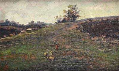 Anonimo, Paesaggio con contadina e pecore, olio su tela