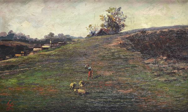 Anonimo, XIX sec. - Paesaggio con contadina e pecore