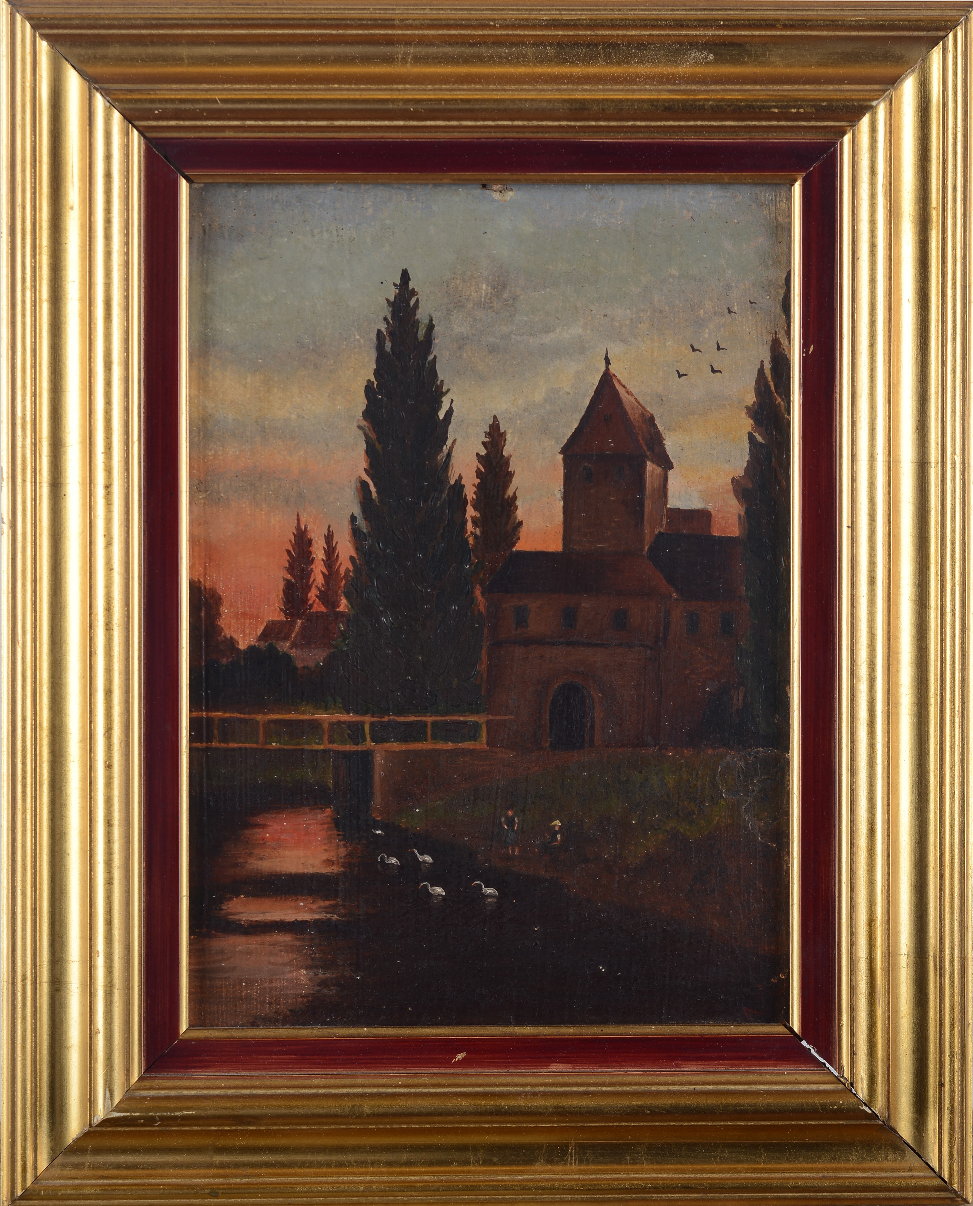 Anonimo, XX Sec. - Anonimo, Paesaggio al tramonto, olio su cartone