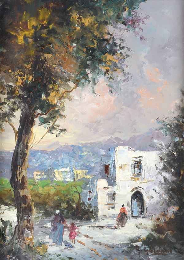 Anonimo, XX sec. - Paesaggio con casa e figure