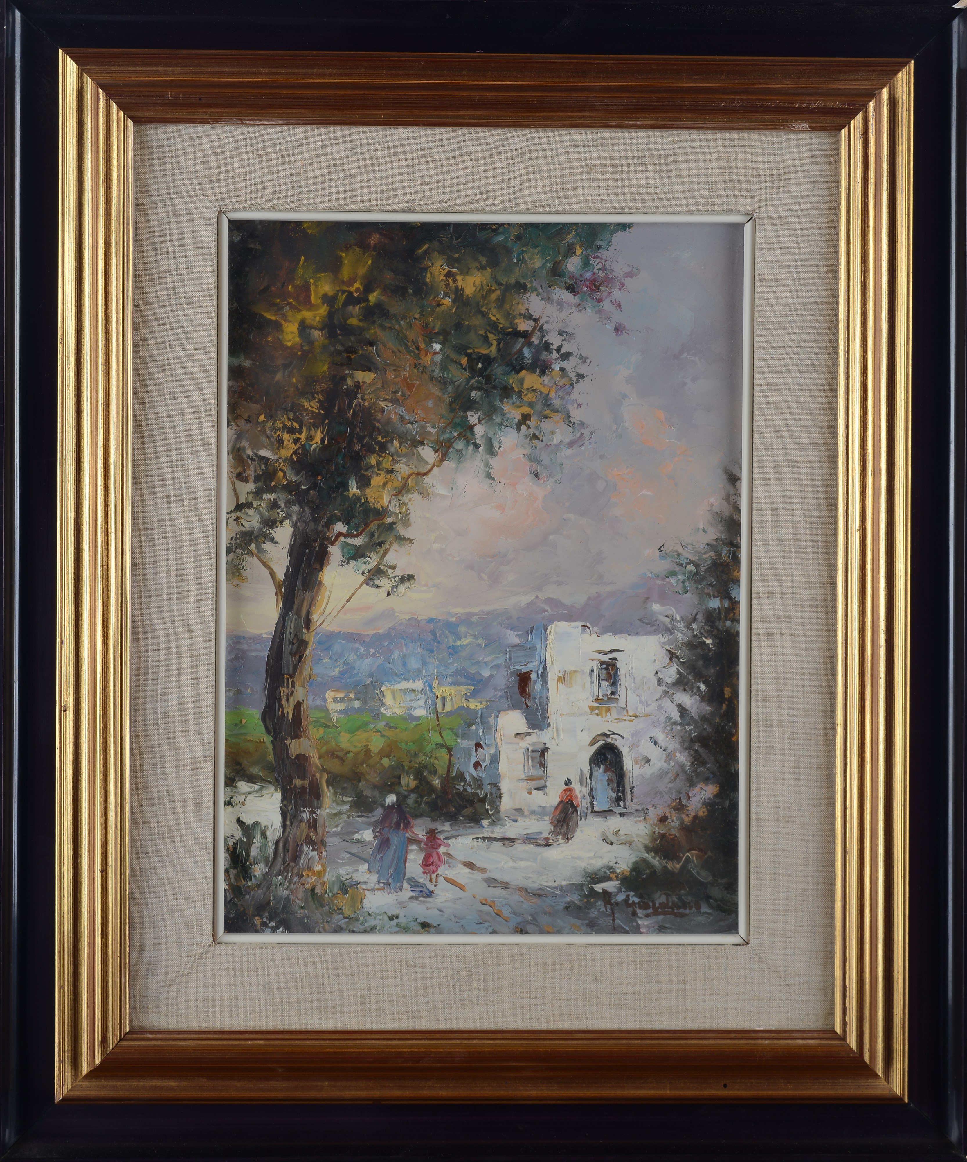 Anonimo, XX Sec. - Anonimo del XX secolo, Paesaggio con casa e figure, olio su tavola