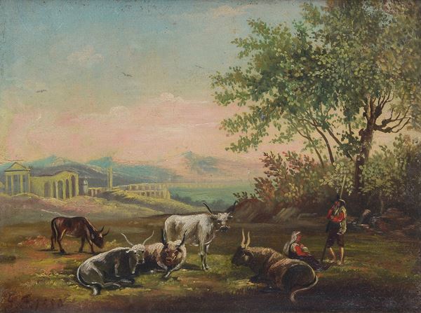 Anonimo, XX sec. - Paesaggio con pastori e buoi