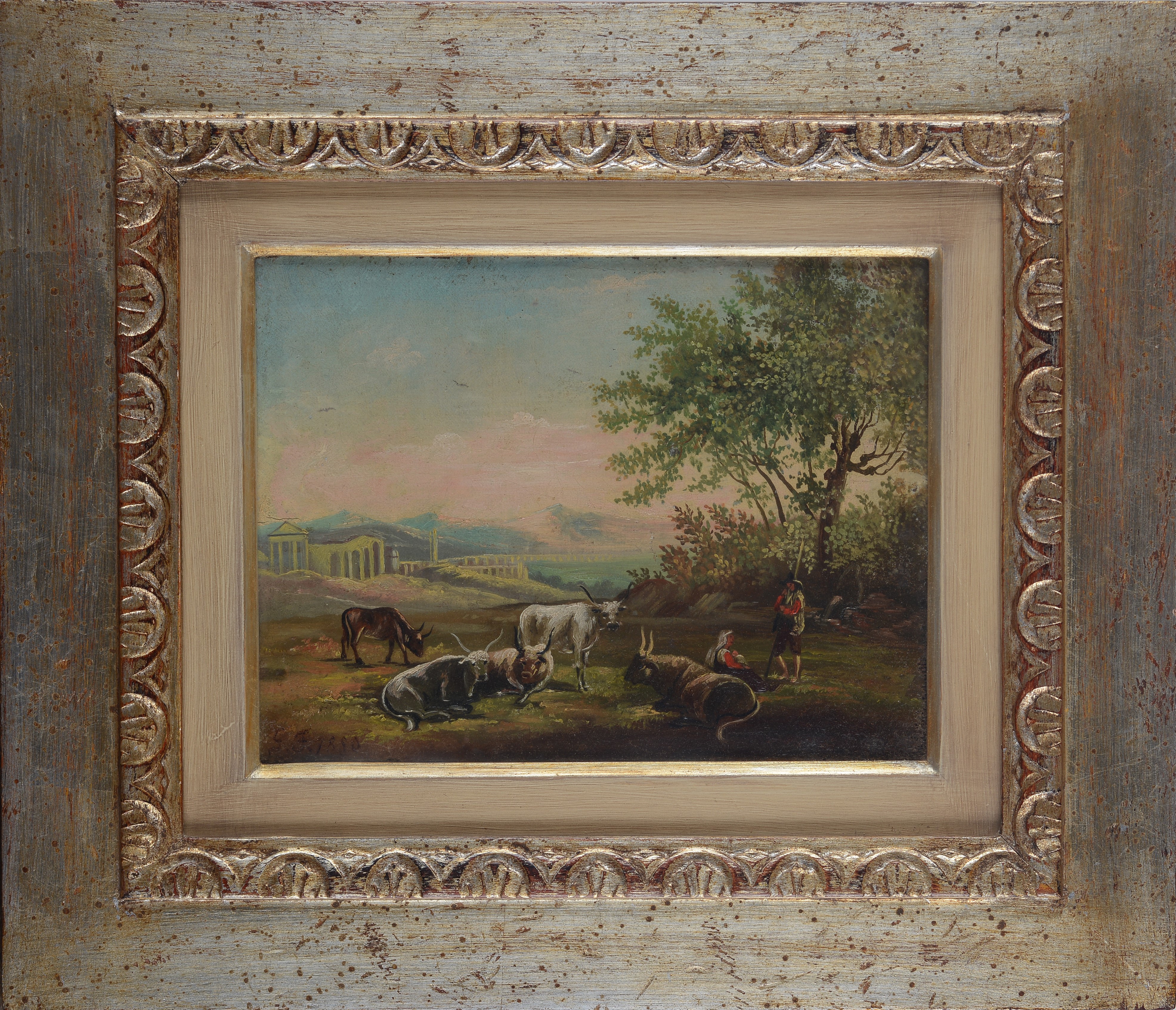 Anonimo, XX Sec. - Anonimo del XX secolo, Paesaggio con pastori e buoi, olio su tela