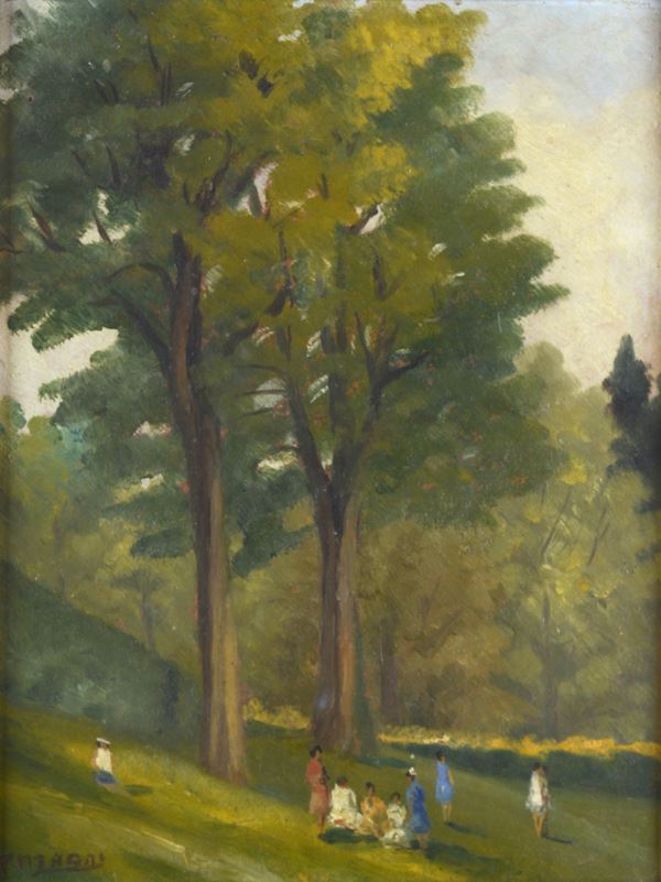 Anonimo, XX sec. - Paesaggio con alberi e figure