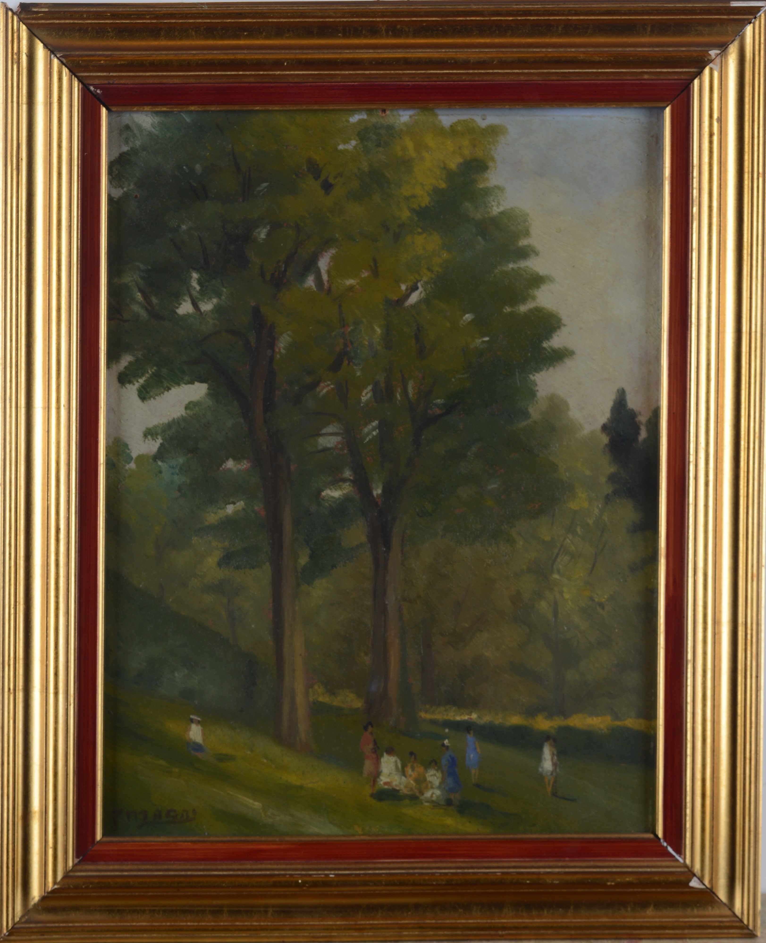 Anonimo, XX Sec. - Anonimo, Paesaggio con alberi e figure, olio su tavola