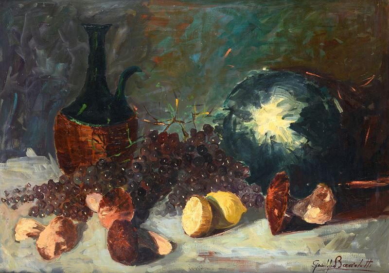 Giuseppe Becciolotti - Natura morta con fiasco, olio su tela