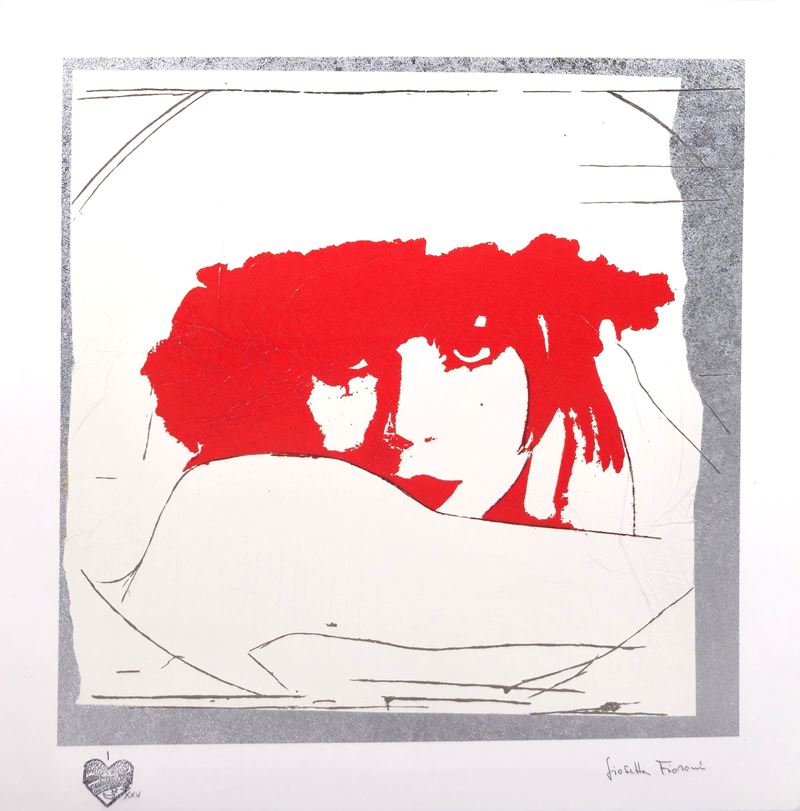 Giosetta Fioroni - Doppio Liberty Rosso, serigrafia materica con pigmento rosso e applicazione di...