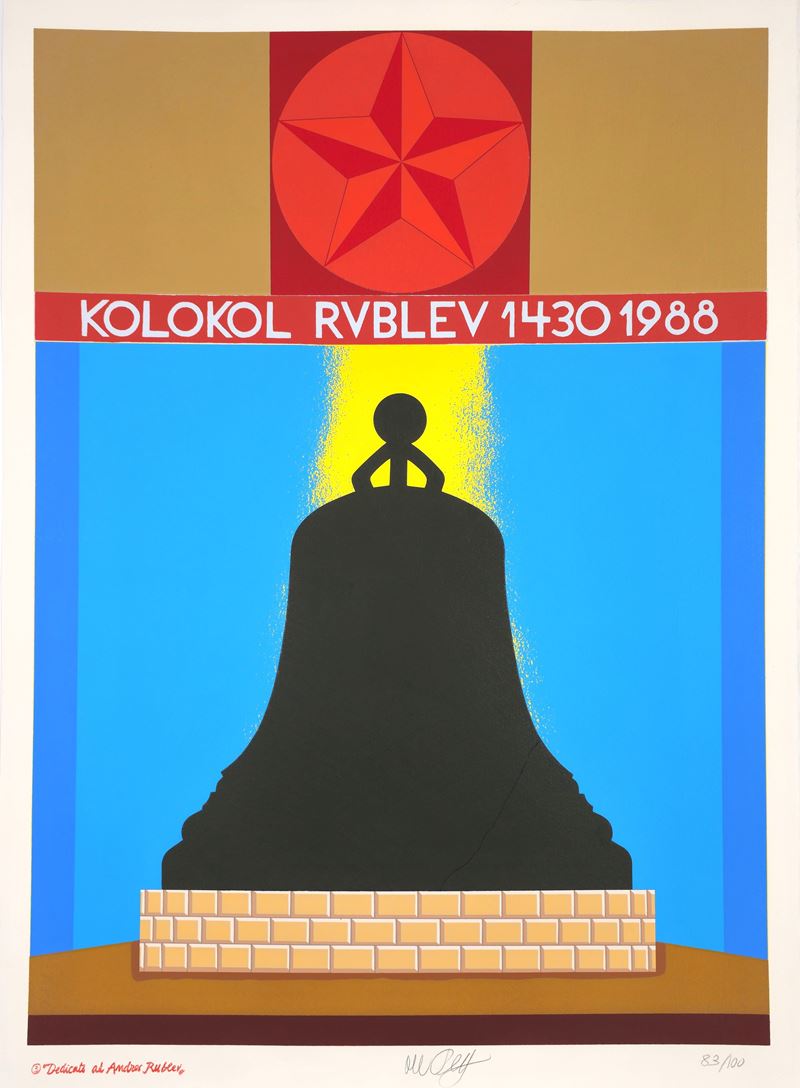 Lucio del Pezzo - Dedicato ad Andrey Rublev (serigrafia su carta Arches con elementi fustellati i...