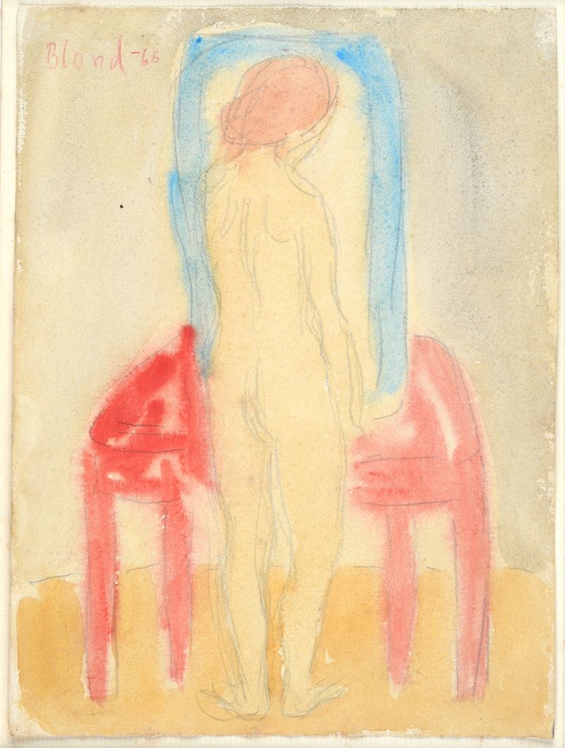 Attr. a Maurice Blond - Nudo di spalle, matita e acquerelli su carta (1966)