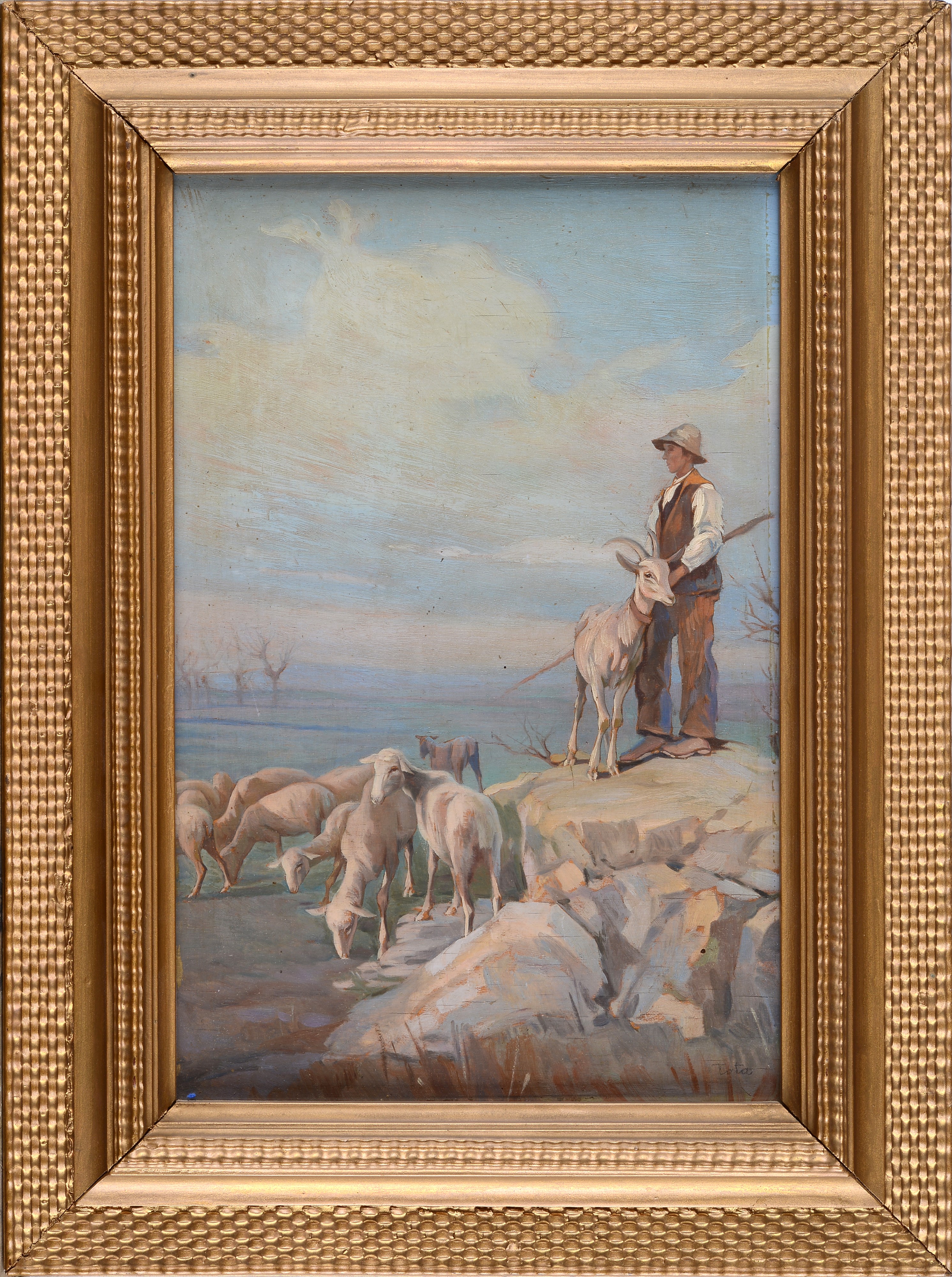 Riccardo Tota - Pastore con gregge, olio su tavola