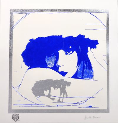 Doppio Liberty Blue e argento, serigrafia materica con pigmento blue Klein e argento sintetico