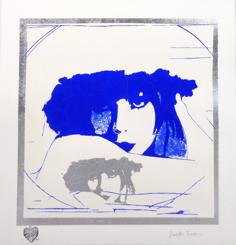 Giosetta Fioroni - Doppio Liberty Blue e argento, serigrafia materica con pigmento blue Klein e a...