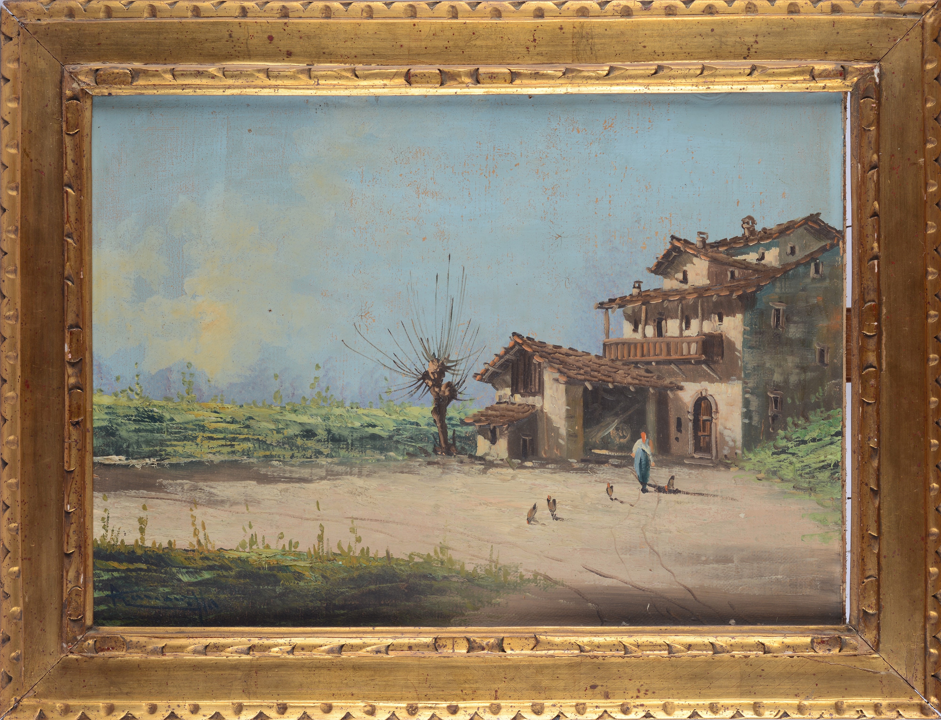 Anonimo, XX Sec. - Anonimo del XX secolo, Cascina con contadina e polli, olio su cartone