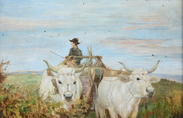 Carlo  Raffaelli - Ragazzo su carro di buoi