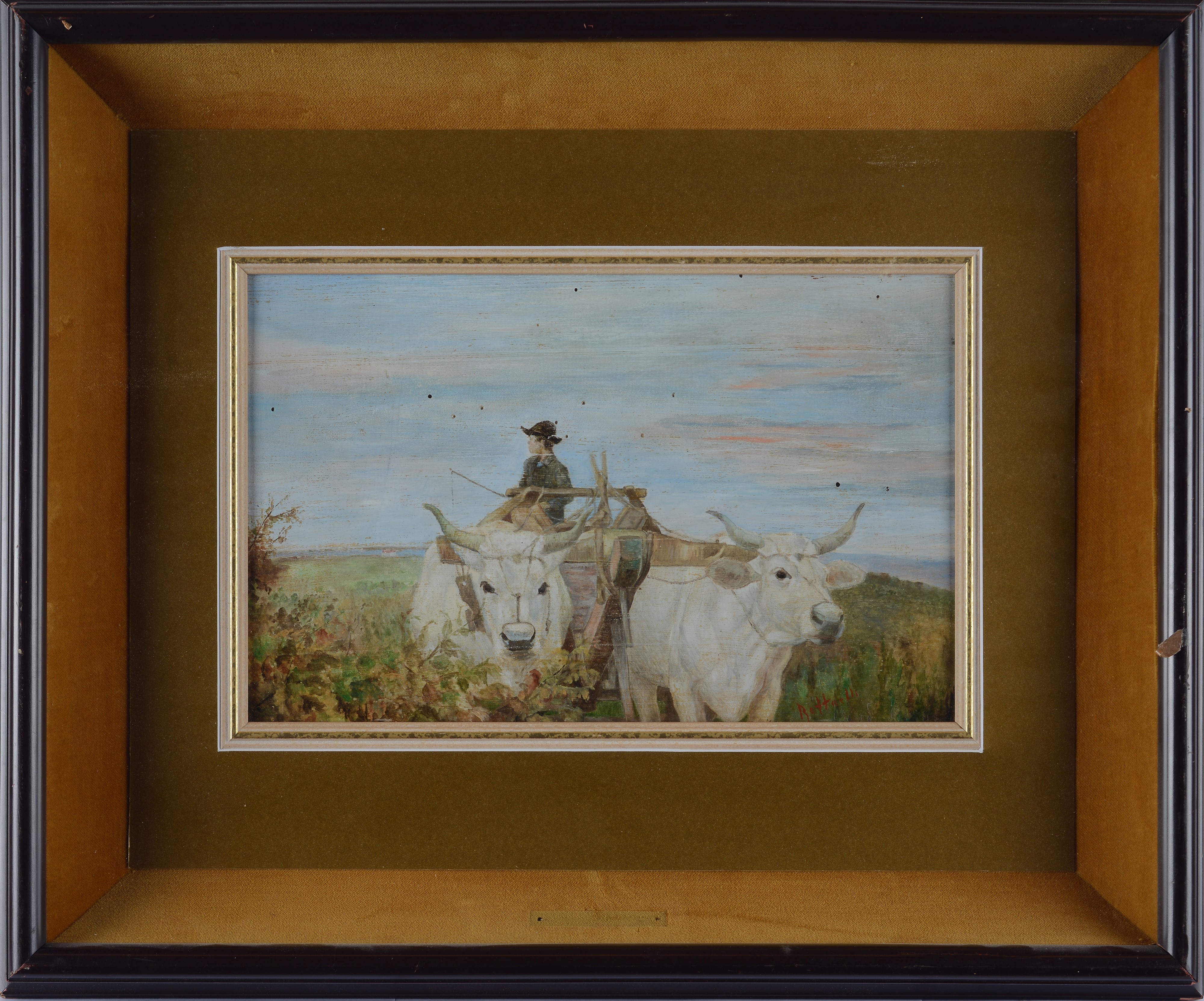 Carlo Raffaelli - Ragazzo su carro di buoi, olio su tavola