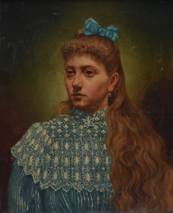 Anonimo, XIX sec. - Ritratto di ragazza con fiocco azzurro