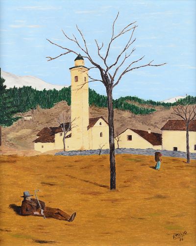 Anonimo, Chiesa di montagna e figure, olio su tela