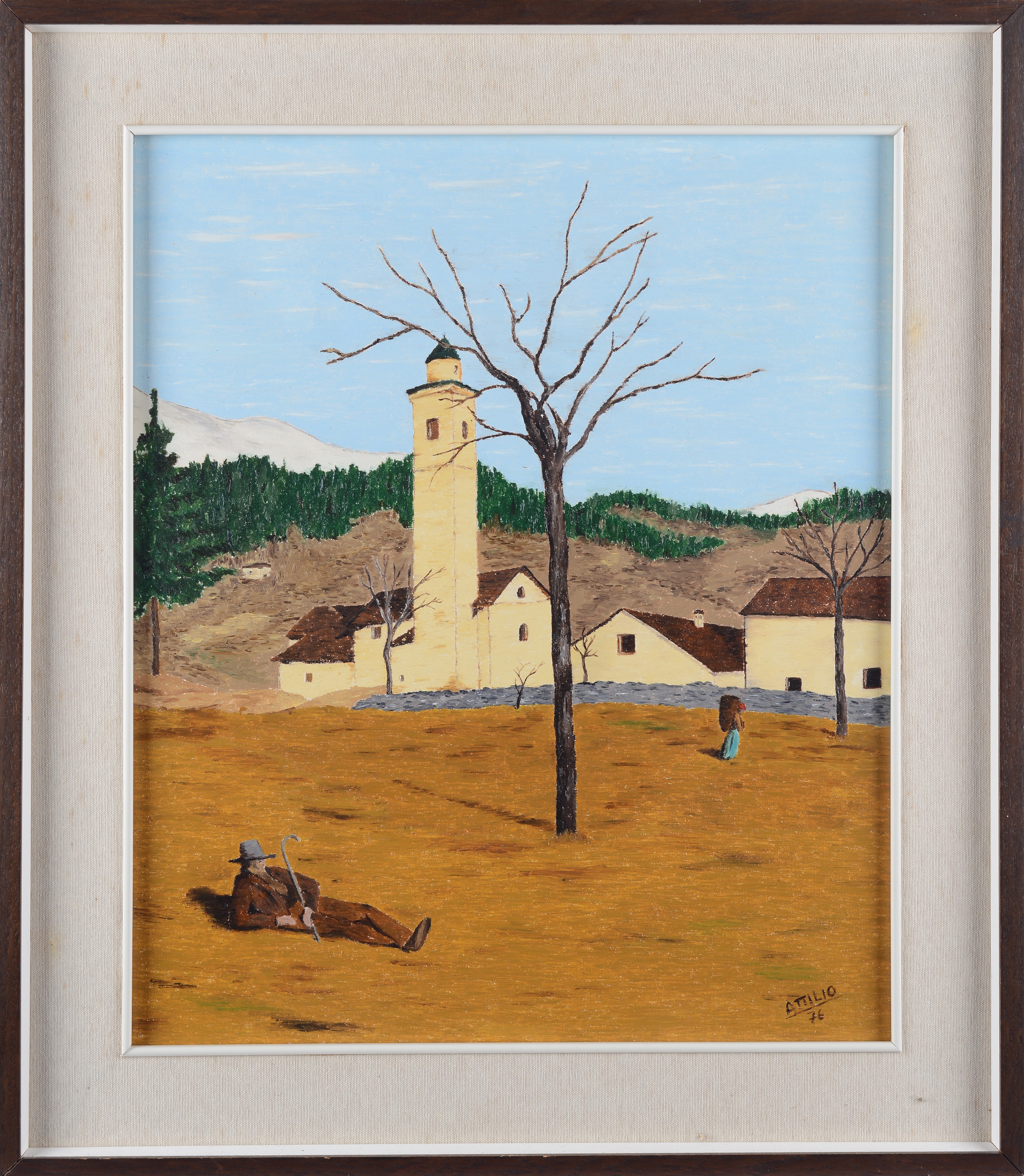 Anonimo, XX Sec. - Anonimo, Chiesa di montagna e figure, olio su tela