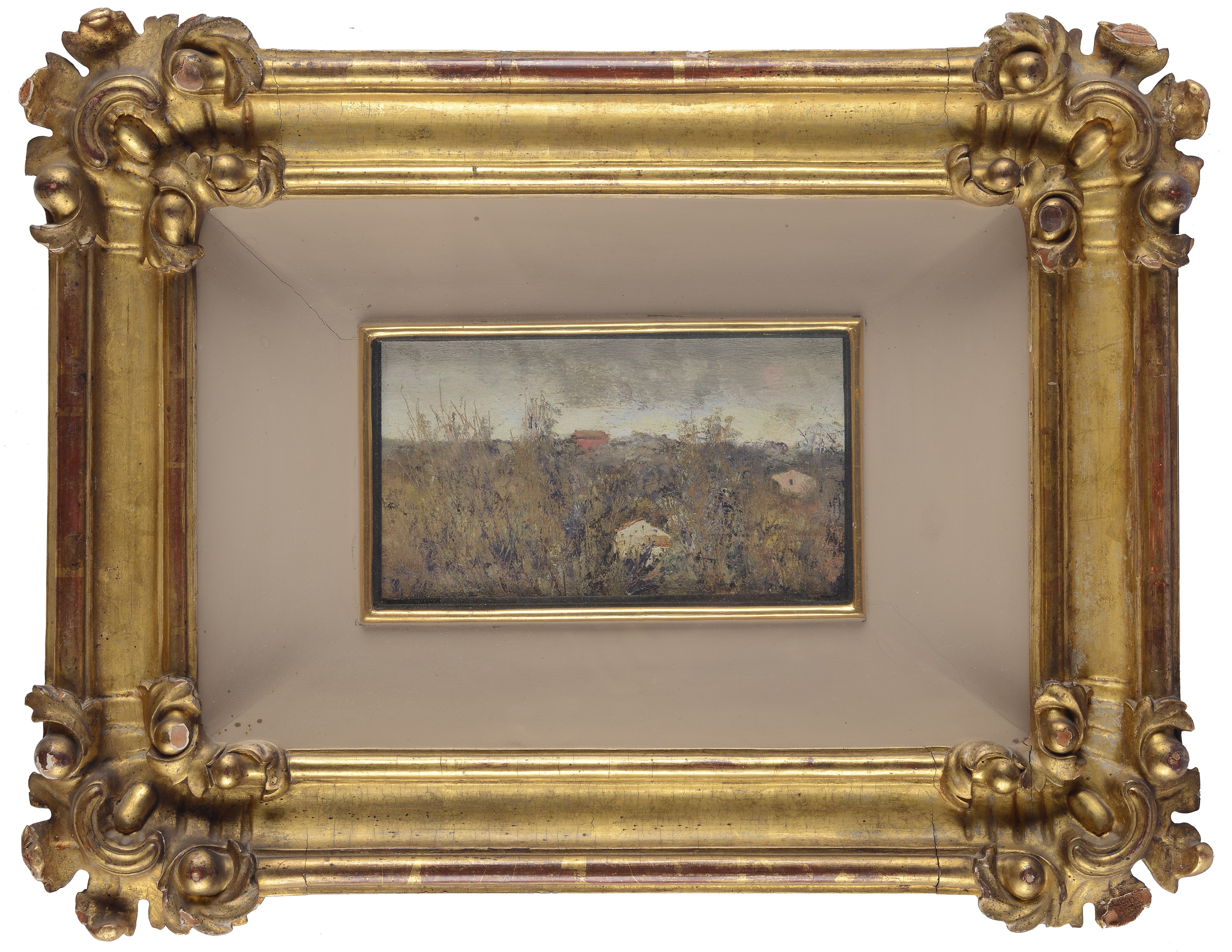 Attr. a Giuseppe Casciaro - Giuseppe Casciaro, Paesaggio con case, olio su cartone