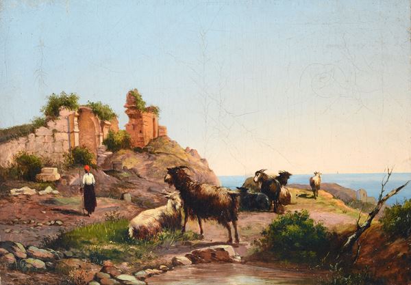Anonimo, XIX sec. - Paesaggio con rovine e capre al pascolo
