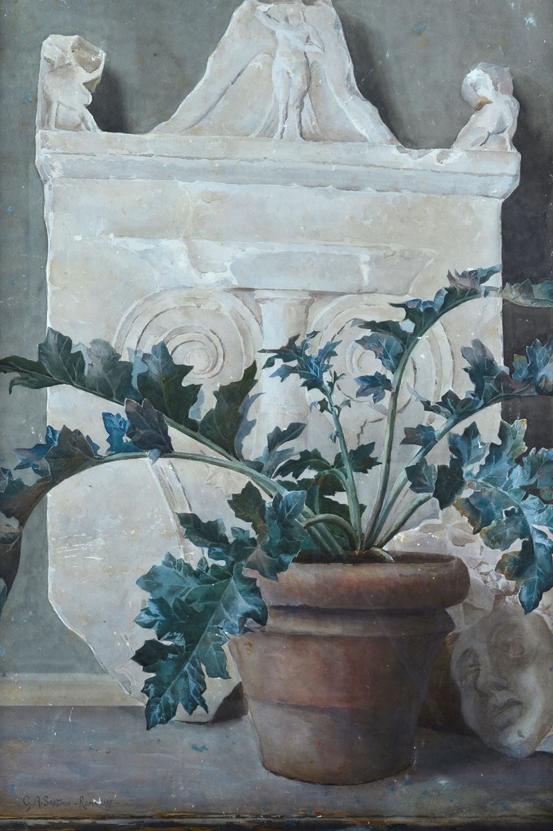 Giulio Aristide Sartorio - Natura morta con pianta e rovine