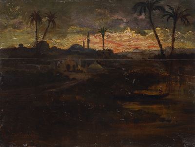 Paesaggio orientale, olio su tavola
