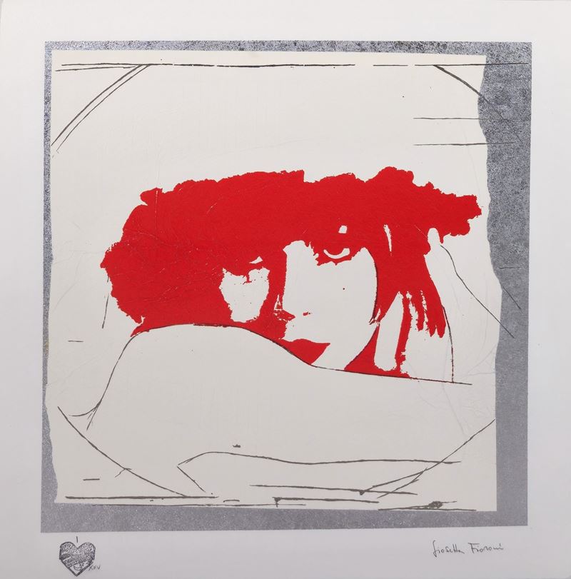 Giosetta Fioroni - Doppio Liberty in Rosso. Serigrafia materica con pigmento rosso, applicazione ...