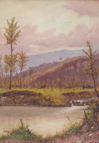 Anonimo XX secolo, Paesaggio lacustre, olio su tavola (1933)