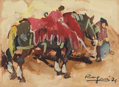 Carretto con popolani (olio su tavola, 1972)