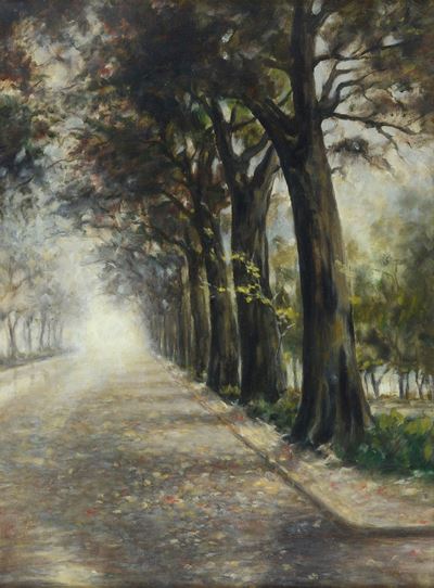 Anonimo, Nebbia nel viale, olio su tavola