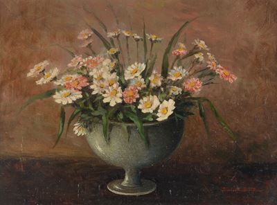 Anonimo del XX secolo, Vaso con fiori, olio su cartone
