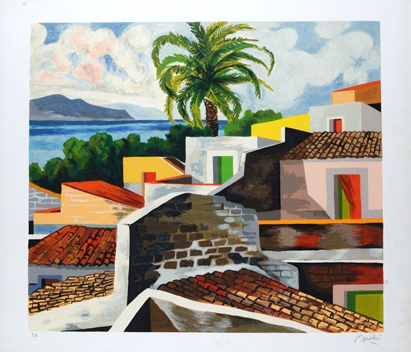 Renzo Meschis - Paesaggio con case e palme