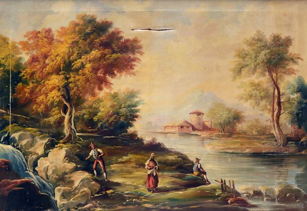 Anonimo, XIX sec. - Paesaggio fluviale con figure