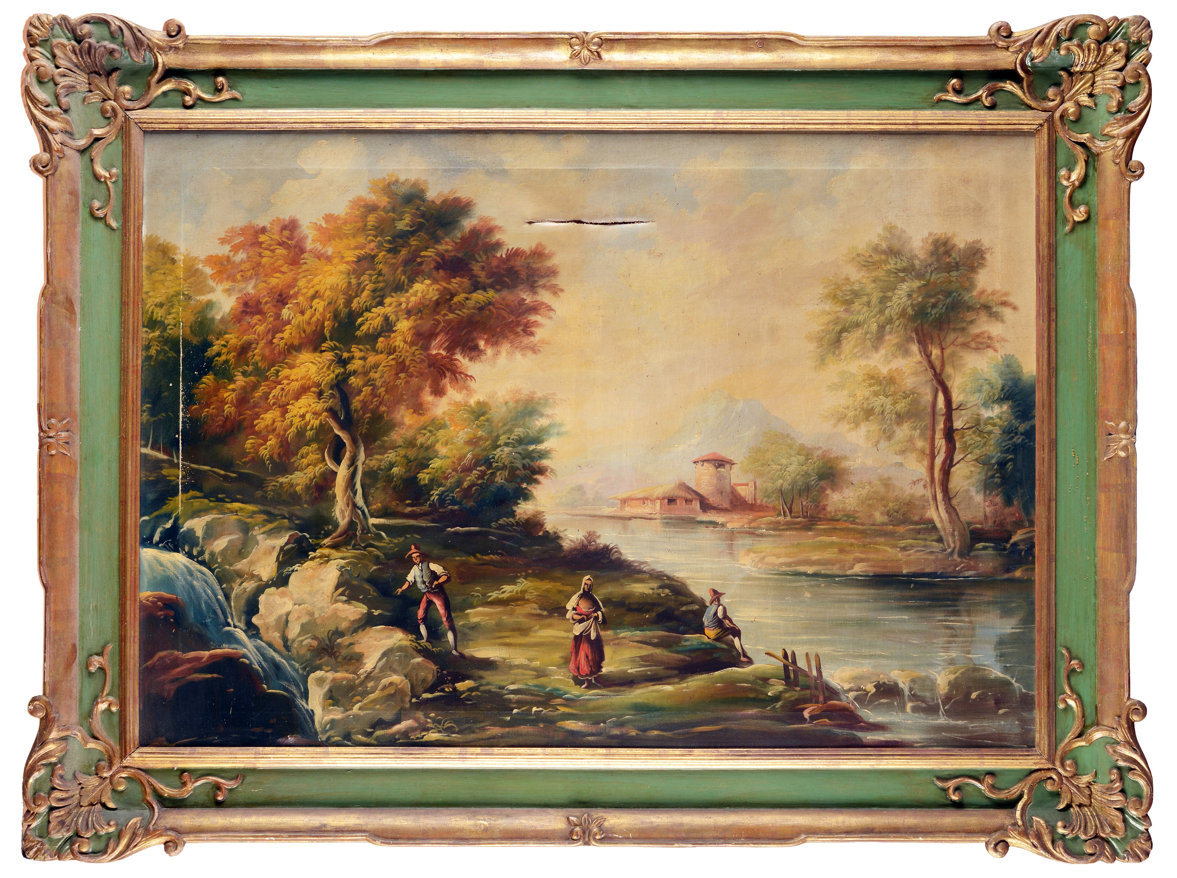 Anonimo, XIX Sec. - Anonimo del XIX secolo, Paesaggio fluviale con figure, olio su tela