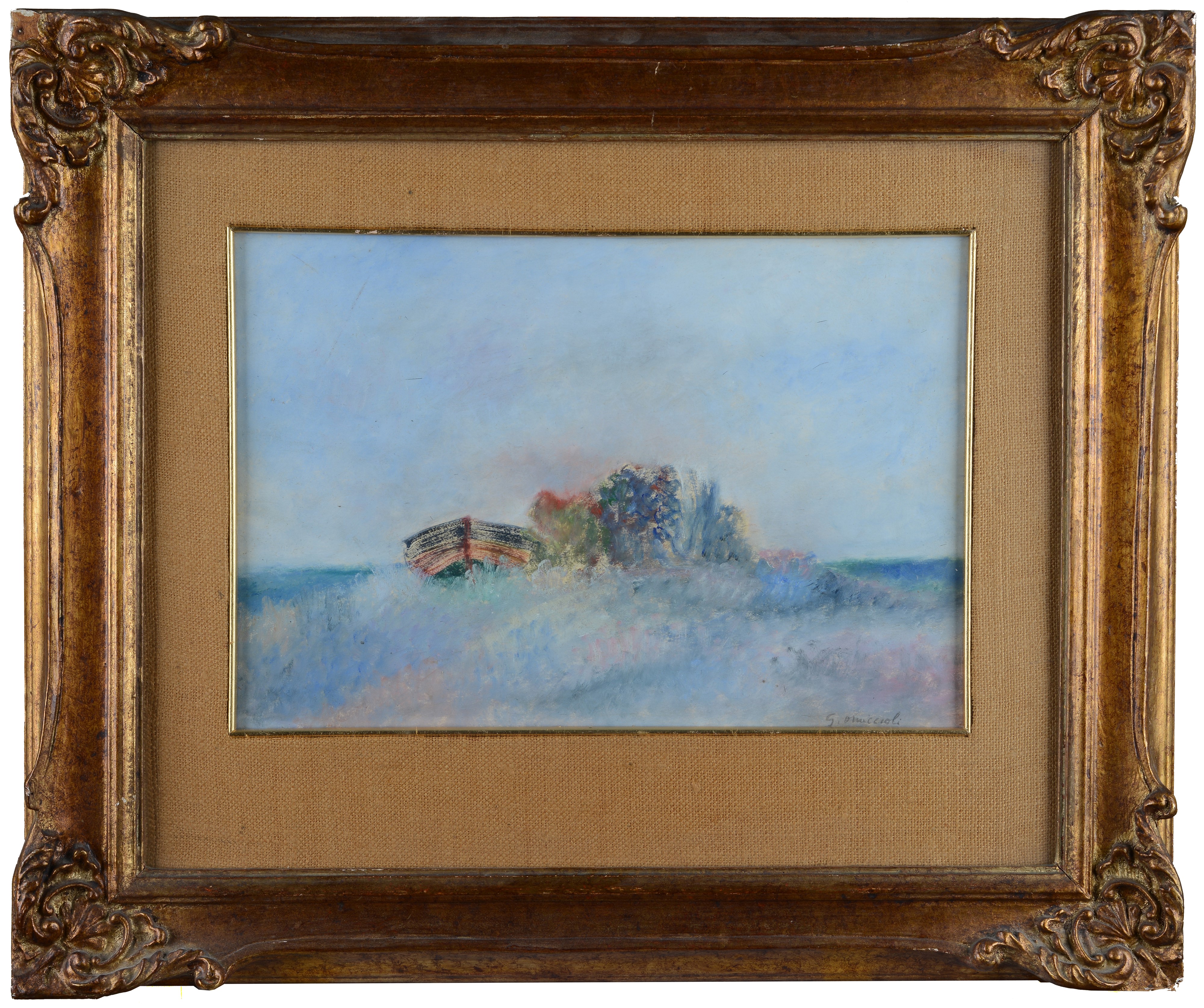 Giovanni Omiccioli - Marina con barca, olio su cartone