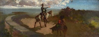 Anonimo del XX secolo, Don Chisciotte, olio su cartone