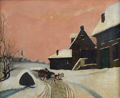 Anonimo del XX secolo, Paesaggio innevato, olio su tela