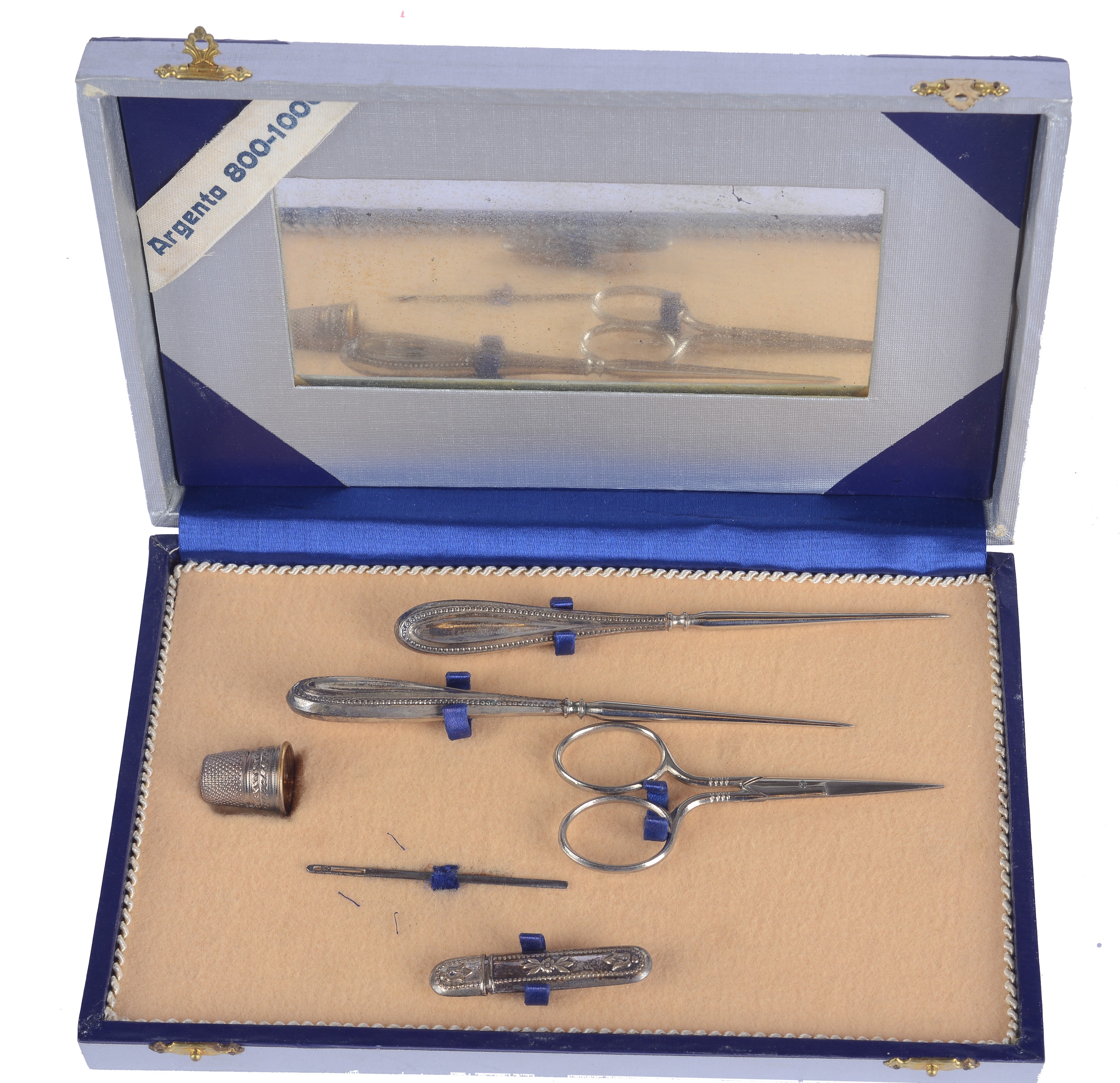 Set da cucito in astuccio rigido con specchi interni, argento 800