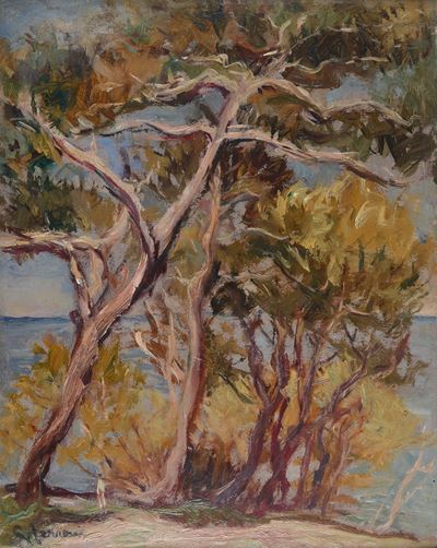 Pini sul mare, olio su tavola