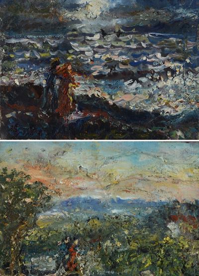 Coppia di paesaggi con figure, olio su cartone telato