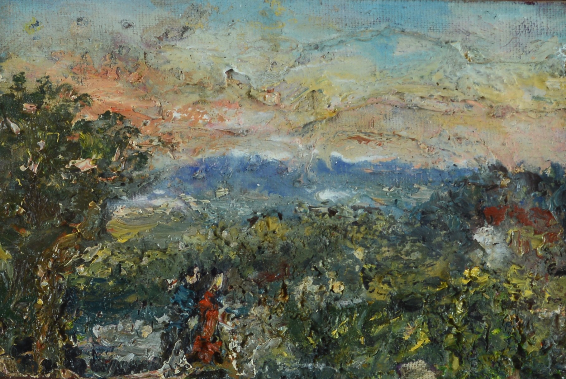 Guido Borgianni - Coppia di paesaggi con figure, olio su cartone telato