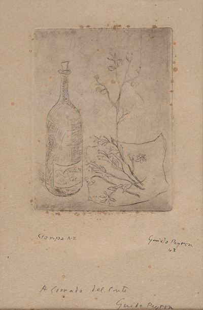 Bottiglia con ramo fiorito, acquaforte (1943)