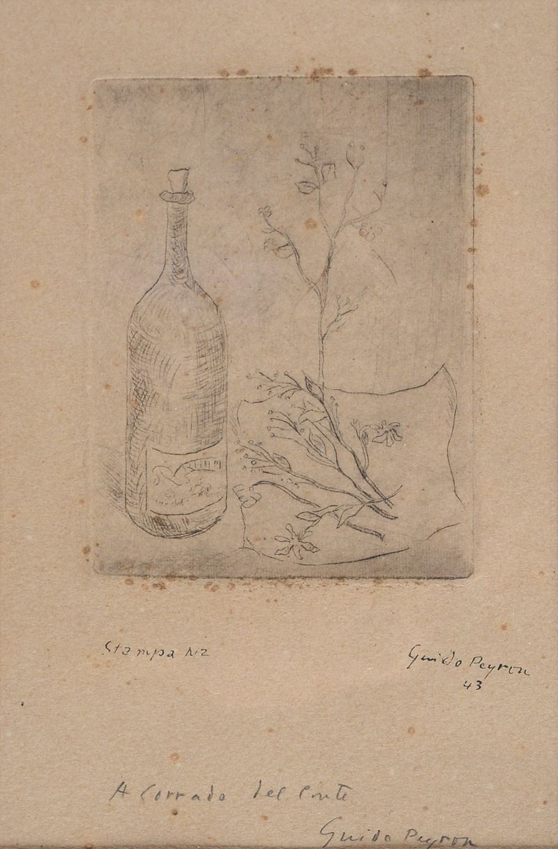 Guido Peyron - Bottiglia con ramo fiorito, acquaforte (1943)