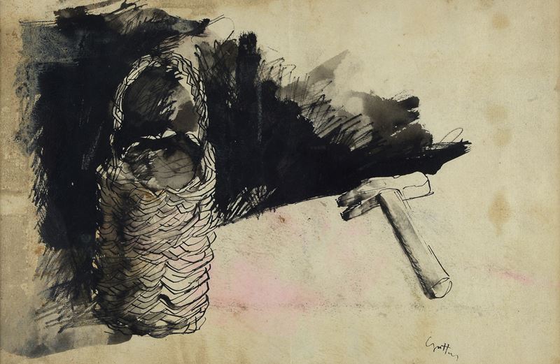 Natura morta con cesta e martello