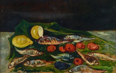 Anonimo, Natura morta con pesci, olio su compensato