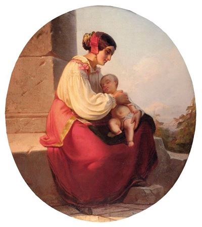 Donna con bambino, olio su tela