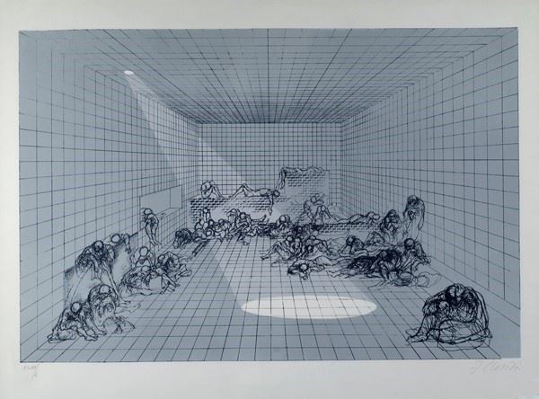 Fabrizio Clerici - Interno con figure, litografia