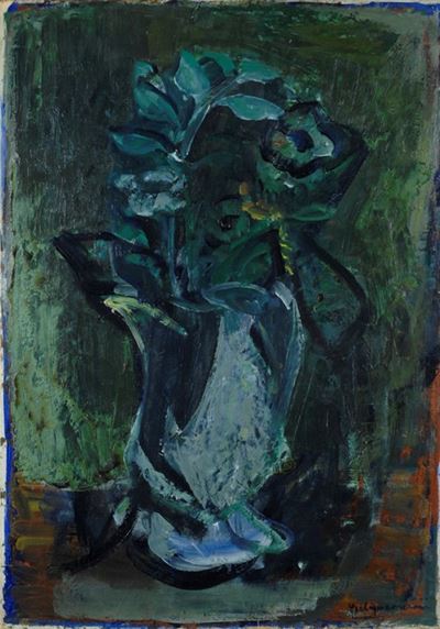 Brocca con fiori, olio su cartone