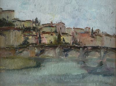 Paesaggio con ponte, olio su compensato
